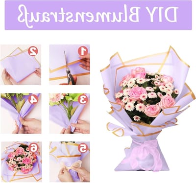20 Vellen Bloemen Inpakpapier met 10 Stuks Strikjes - 58x58cm Paars met Gouden Rand - Waterdicht Inpakpapier voor Bloemen, Cadeaus, Feestdagen en Creatieve Projecten