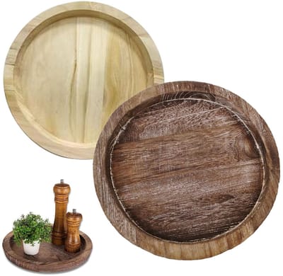 Store_7 - Set van Twee Houten Ronde Dienbladen - Hoogwaardig Paulowniahout - Lichtgewicht - Zwart - Geschikt voor diverse meubelstijlen - Perfect v...