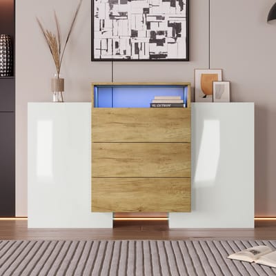 Dressoir Hoogglans Wit - Moderne Buffetkast 140 cm met LED Verlichting - Opbergkast met 3 Lades en 2 Deuren - Wit-Hout