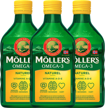 Möller's Omega-3 Levertraan Naturel - 3 x 250ml - Omega-3 visolie met vitamine D - Levertraan vloeibaar - Pure levertraan visolie