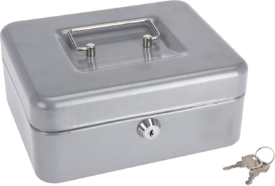 Spaarpot geldkistje metaal zilver met slot 20 cm