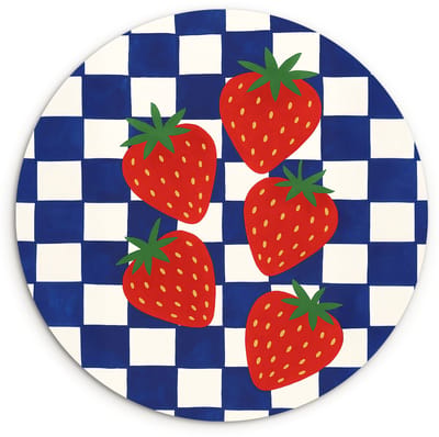 WallCircle® Wandcirkel 120x120 cm - Muurcirkel Geblokt - Blauw - Aardbeien - Muurdecoratie woonkamer - Wanddecoratie slaapkamer - Kamer decoratie accessoires - Ronde schilderijen XXL