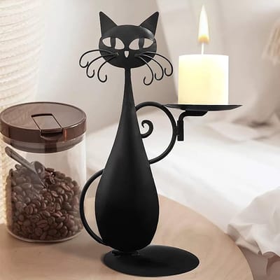 Zwarte kat kandelaar met dienblad, Theelichthouder, Vintage kandelaar, Home metalen kat decoratie, Kaarshouder ornament, Romantische decoratie voor dating (Type 1)