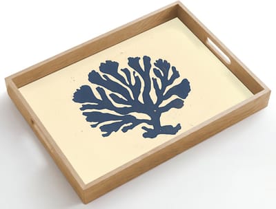 Dienblad hout 50x35 cm - Schootdienblad - Blauw koraal - Vertakkingen - Beige - Borrelplank rechthoek - Plateau dienbladen