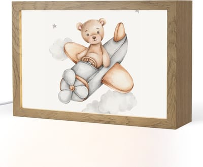 Nachtlampje 30x20 cm - Kinder lampje - Beer - Vliegtuig - Sterren - Kinderen - Tafellamp kinderkamer - Slaapkamer lamp - Bedlamp kinderen - Kinderlampje stopcontact - Wandlamp babykamer - Nachtlampjes