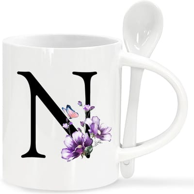 1 stuk, Letter Bloem A-Z Koffiemokken voor Kantoor en Thuis, Verjaardagscadeaus voor Vrouwen, Vakantiecadeau, 11oz Keramische Koffiemok met Lepel 11OZ white