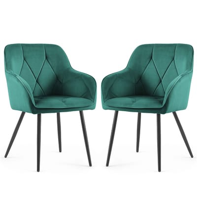 Set van 2 Eetkamerstoelen DIAMANTE met Armleuningen / Gestoffeerde Stoelen / Fluwelen Stoelen en Metalen Poten / Flesgroen met zwarte benen