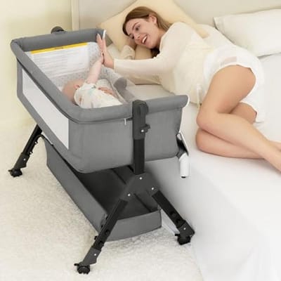 Verstelbare 3-in-1 Babywieg met Wielen en Opbergmand - Draagbare en Eenvoudig te Monteren Bedbedje voor Pasgeborenen (Grijs)