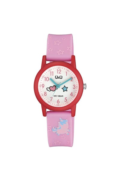 Q&Q V23A-008VY - Horloge - Sport - Analoog - Kinderen - Unisex - Plastic band - Rond - Kunststof - Cijfers - Eenhoorn - Sterretjes - Roze - Rood - Turkoois - Wit - 10 ATM