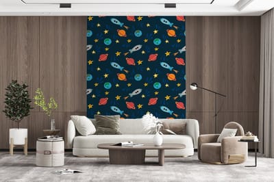 Behang - Fotobehang Patronen - Aarde - Ruimte - Raket - Jongens - Kinderen - Jongetje - Kids - Breedte 165 cm x hoogte 220 cm