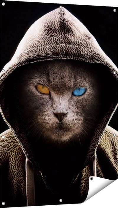 Gards Tuinposter Boze Kat Draagt een Hoodie - 80x120 cm - Tuindoek - Tuindecoratie - Wanddecoratie buiten - Tuinschilderij