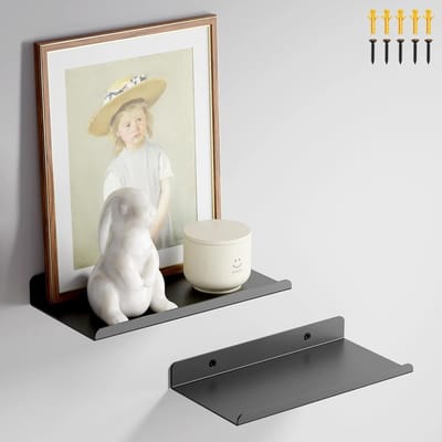 Famanu – Zwarte metalen wandplank - set van 2 - zwevende plank voor woonkamer - slaapkamer - keuken - kantoor - modern minimalistisch display