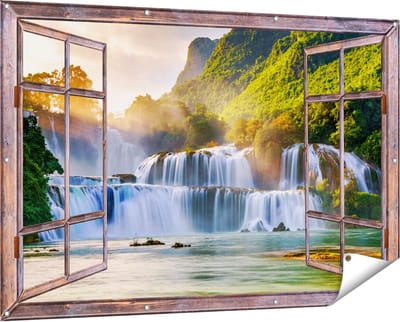 Gards Tuinposter Doorkijk Watervallen tussen de Bomen - 150x100 cm - Tuindoek - Tuindecoratie - Wanddecoratie buiten - Tuinschilderij
