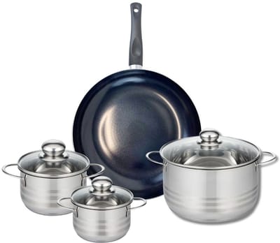 Set van 1 Koekenpan 32 cm en 3 kookpotten 14, 16 en 24 cm Elo Prima Glanzend