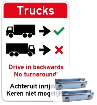 Bord Trucks Achteruit inrijden - Drive in backwards - Weerbestendig Aluminium - 40x60 cm - Bevestiging: Met hekbeugels (voor spijlen- of gaashek)