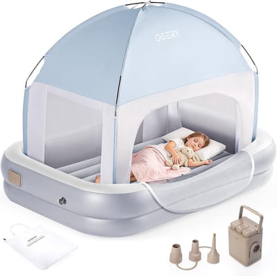 Opblaasbaar Reisbed - Kinderluchtmatras - Veilig Slapen - Ingebouwde Pomp Tent - 175 x 119 cm - Lichtgrijs