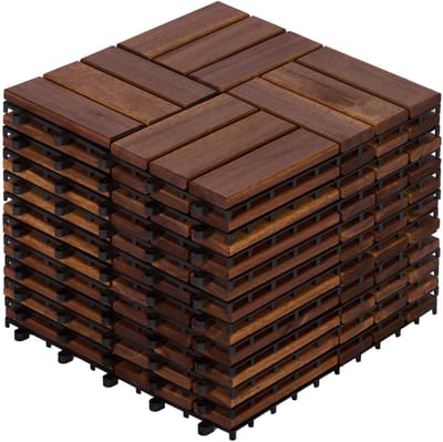 Interlocking Deck Tiles - Acacia Hardwood - 11 Stuks - 30x30 cm - Buitenvloer voor Terras, Balkon en Zwembad - Bruin