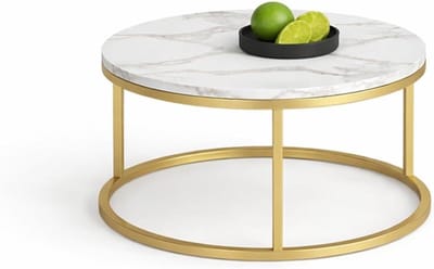 Salontafel Marmerlook - Ronde Tafel - Woonkamer Inrichten - Stalen Frame - 80 x 45 cm - Wit