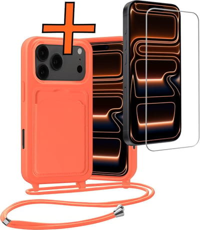 Hoesje Geschikt voor iPhone 17 Pro Max Hoesje Met Telefoonketting Pasjeshouder Case Met Screenprotector Koord - Hoesje Geschikt voor iPhone 17 Pro Max Hoes Met Kaarthouder - Papaya