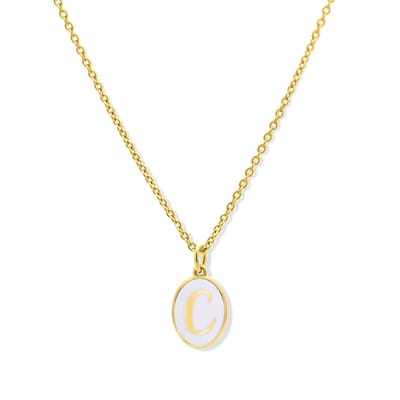 New Bling 9LA-20061-C Zilveren Ketting met Letterhangertje - C - Ovaal - 12x8,8mm - Emaille - Wit - Zilver - Initiaal sieraad - Verguld/Goud op Zilver