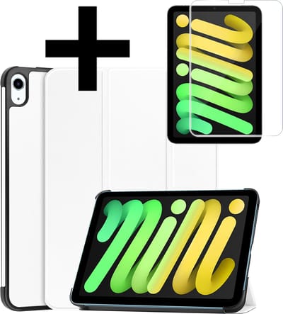 Hoes - Geschikt voor Apple iPad Mini 7 (2024) - 8.3 inch - 7e Generatie - Met Screenprotector - Trifold Bookcase - Hard Cover - Hardcover Book Case - Tablet Hoesje - Wit