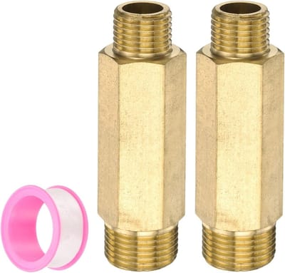 Messing pijpfittingen 3/8" x 1/4" - 2 stuks verlengfittingen met tape voor water- en gasverbindingen, 60 mm lengte