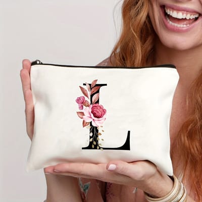 Gepersonaliseerde make-up tasjes van A tot Z - Verjaardagscadeaus - Unieke cadeaus voor bruiden en bruidsmeisjes, met bloemenmotieven, geschikt als bedankjes en voor het organiseren van cosmetica,letter L