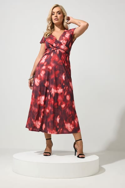 Yours London Rode Jurk Met Abstracte Print En Gedraaide Voorkant Size 38