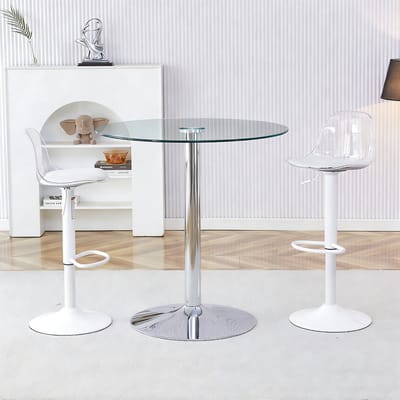 Flexibele barset: glazen tafel van 89 cm + 2 barkrukken met witte poten, in hoogte verstelbaar en draaibaar. • Transparante look • 360° draaibaar • Veelzijdig in gebruik. Creëert een ruimtelijk effect en bespaart ruimte.