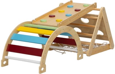 YYchan Houten Klimrek - 7-in-1 Montessori Speelset - Opvouwbare Pikler Driehoek met Klimboog & Glijbaan - Naturel Grenenhout - 168x62.5x57 cm
