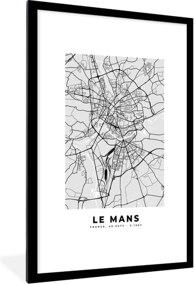 Fotolijst incl. Poster - Plattegrond - Le Mans - Stadskaart - Kaart - Frankrijk - 80x120 cm - Posterlijst