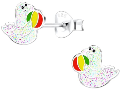 Joy|S - Zilveren zeehond oorbellen - 6 x 7 mm - glitter - met bal