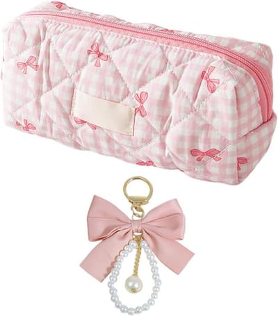 Schattige Pennenhouder met Strikprint en Sleutelhanger, Roze Esthetische Pennenzak, Schoolbenodigdheden en Make-up Opbergtas voor Meisjes