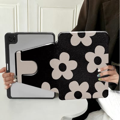 Daity Een beschermhoes voor de iPad A16 11-inch (model 2025), met penhouder, leuk ontwerp, zwart bloemenpatroon (zwart).