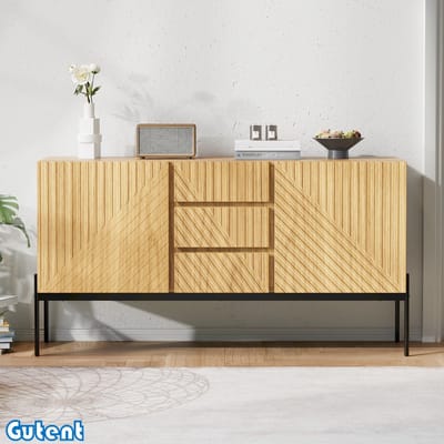 Gutent Dressoir - Met 2 Deuren - 3 Laden - Metalen Poten - Rechtlijnig Ontwerp - Afmetingen: H 75 cm / B 140 cm / D 40 cm - Natuurlijke Kleur
