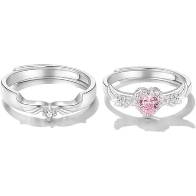 Chique Engelenvleugel Ring Voor Koppel Roze Hart Zirkonia Eeuwigheidringen Romantische Voor Altijd Liefde Vinger Sieraden Valentijnsdag Cadeau resizable&Platinum Plated white