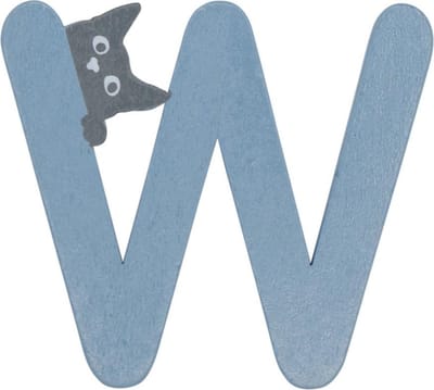 Houten Letter W Blauw met Kat | 9 cm