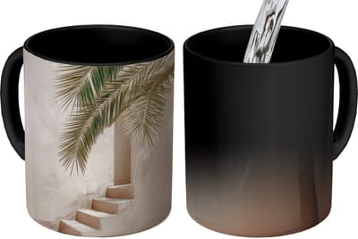 Magische Mok - Foto op Warmte Mokken - Koffiemok - Palmboom - Schaduw - Trap - Beige - Magic Mok - Beker - 350 ML - Theemok