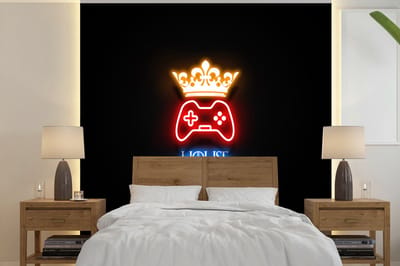 Behang - Fotobehang Gaming quotes - Neon - House of gaming - Kroon - Tekst - Breedte 240 cm x hoogte 240 cm
