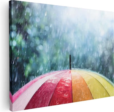 Artaza Canvas Schilderij Kleurrijke Paraplu In De Regen - 40x30 cm - Klein - Wanddecoratie Regenboog - Muurdecoratie Woonkamer - Kamer Accessoires