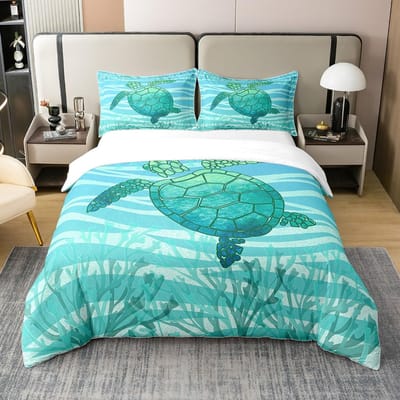 Dekbedovertrek Volledige Maat Zeeschildpad, Oceaan Beddengoed Set voor Kinderen Tieners, Strand Dekbedovertrek, 1 2 Kussenslopen 3-delig voor Tieners Jongens AU Single(140x210cm)