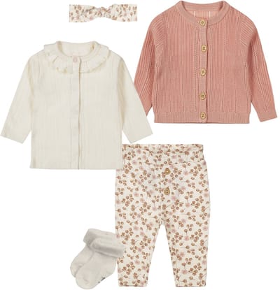 Dirkje - Basic Collection - BIO COTTON - Vest Dusty Pink - Broekje met bloemetjes - Shirt Offwhite met voorsluiting - Haarbandje -1 paar sokjes - Maat 86
