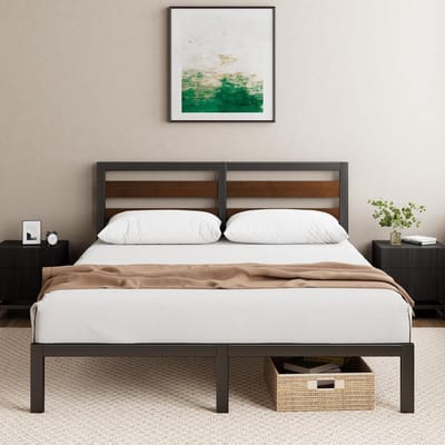Bedframe Bamboe Metaal - Tweepersoonsbed Frame - Slaapkamer Inrichten - Geïntegreerd Hoofdeinde - 135 x 190 cm - Zwart Bruin