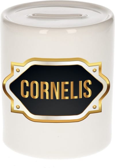 Spaarpot met voornaam Cornelis - wit - met goud/zwart embleem - 8 x 9 cm - keramiek - met afsluitdop - cadeau verjaardag