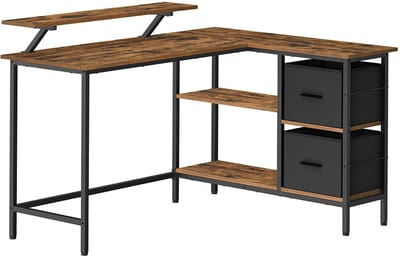 Industrieel Hoekbureau L-Vorm - 135 x 105 cm - Met Monitorverhoger & 2 Lades - Reversibel Computerbureau - Vintage Bruin & Zwart - Gaming Desk & Thuiswerkplek