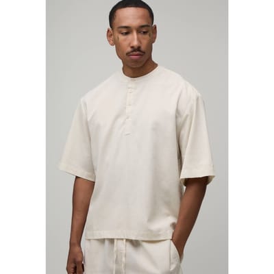 Oversized Boxy Linnen Blend Henley Shirt Met Korte Mouwen | Natural | Size XS