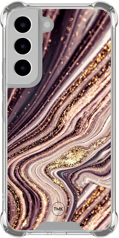 Shockproof hoesje geschikt voor Samsung Galaxy S22 - Golden pink marble - Schokbestendig - Verhoogde randen - TPU case - Extra Sterke Back Cover - Marmer - Transparant, Roze, Goud