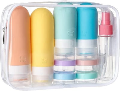 Famanu – Set siliconen toilettyflessen voor op reis - lekvrije containers met doorzichtige zak - ontwerp met brede opening voor shampoo - lotion en cosmetica - herbruikbare accessoires voor