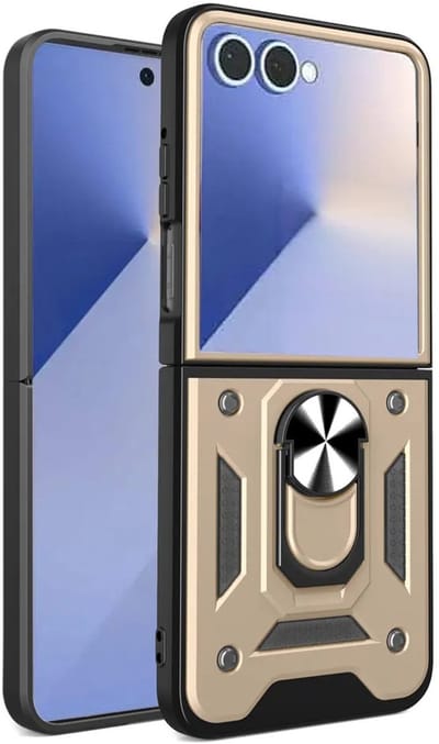 MobyDefend Hoesje - Geschikt voor Samsung Galaxy Z Flip 7 - Pantsercase Met Draaibare Ring - Goud