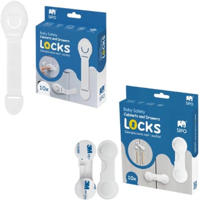 SIPO Kast- en Ladebeveiliging - Set van 10 per doos - Kast- en ladesloten met kliksluiting - Elastische kast- en ladesloten met kliksluiting - Babyproof Sloten met 3M Tape - Wit